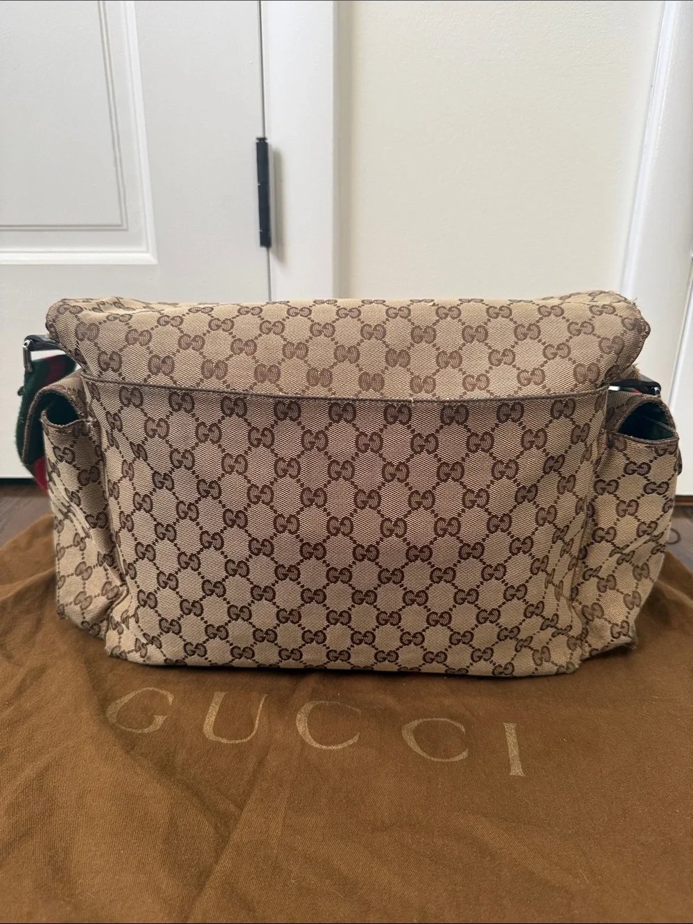 Gucci Brown GG Canvas Diaper Bag with Green and Red Signature Strap